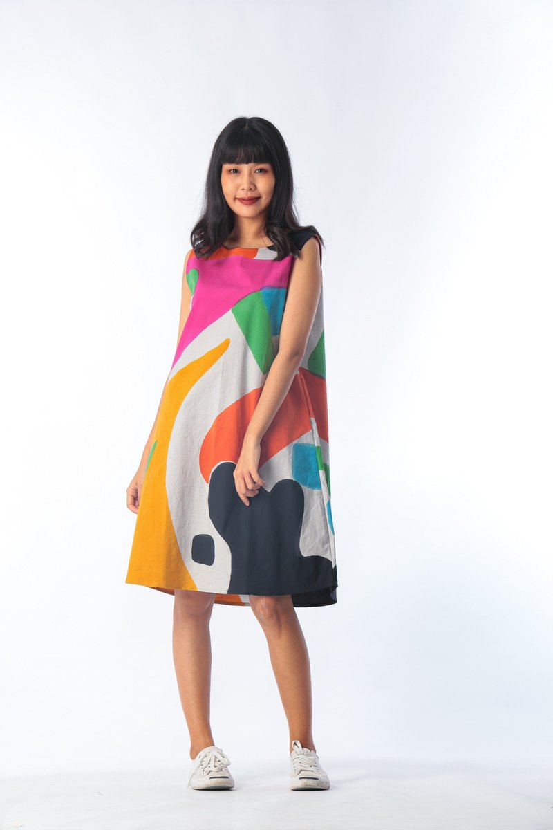 Short Dress Linen Hand Paint For Summer Beach Vacation - 洋装/连衣裙 - 棉 黄色