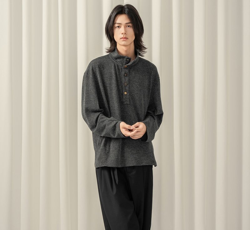 【亨利领】森系文艺复古 高领绒感通勤T恤 - 男装上衣/T 恤 - 其他材质 灰色