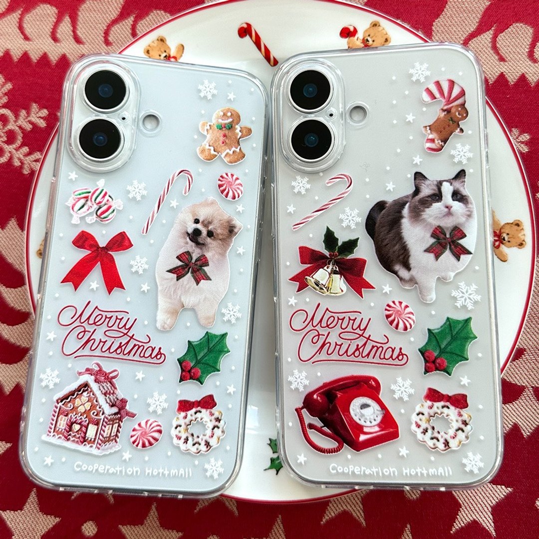 圣诞快乐猫狗iPhone手机情侣透明壳 - 手机壳/手机套 - 塑料 多色