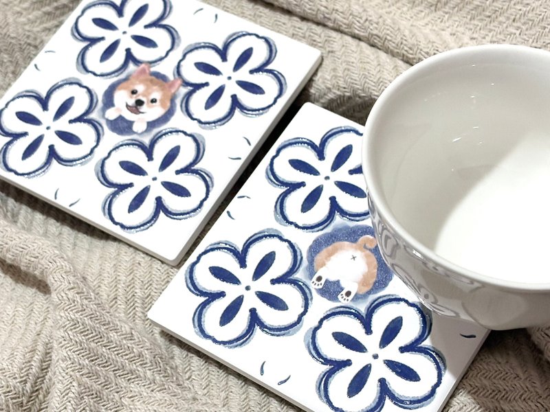 花砖躲猫猫杯垫 柴犬屁屁组 | 婚礼小物 陶瓷 立体花纹 - 杯垫 - 陶 多色
