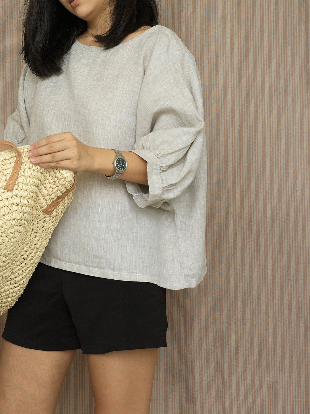 Beige balloon sleeve linen blouse / 100% linen / loosely style - 女装上衣 - 亚麻 灰色