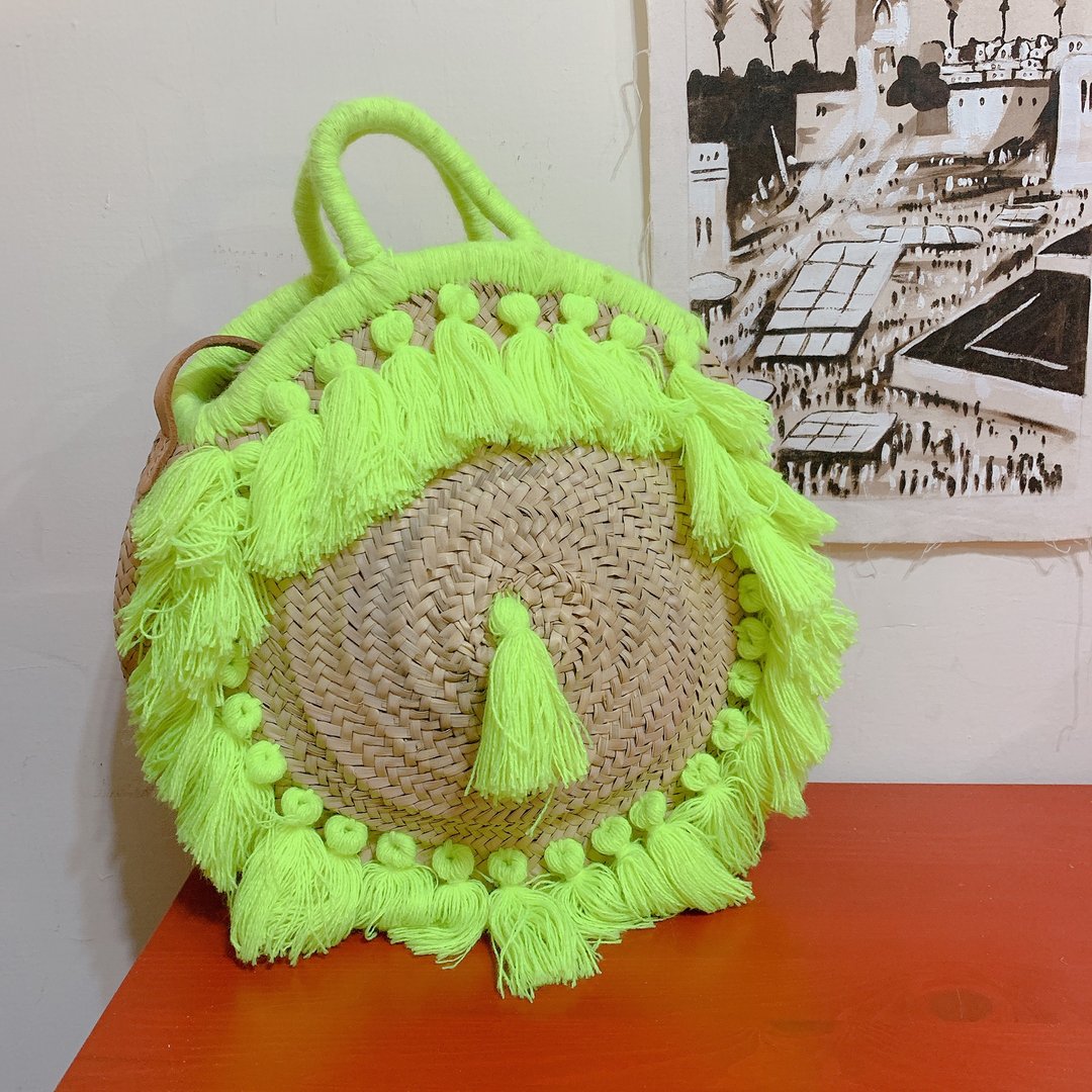 摩洛哥椰枣叶手工编织包 流苏提篮 非洲黄 - 手提包/手提袋 - 环保材料 黄色