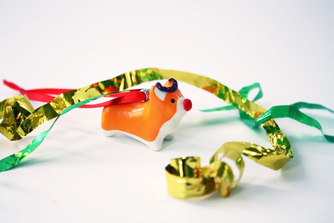 Welsh Corgi Dog Reindeer Rudolph Ornament Christmas Tree - 玩偶/公仔 - 粘土 白色