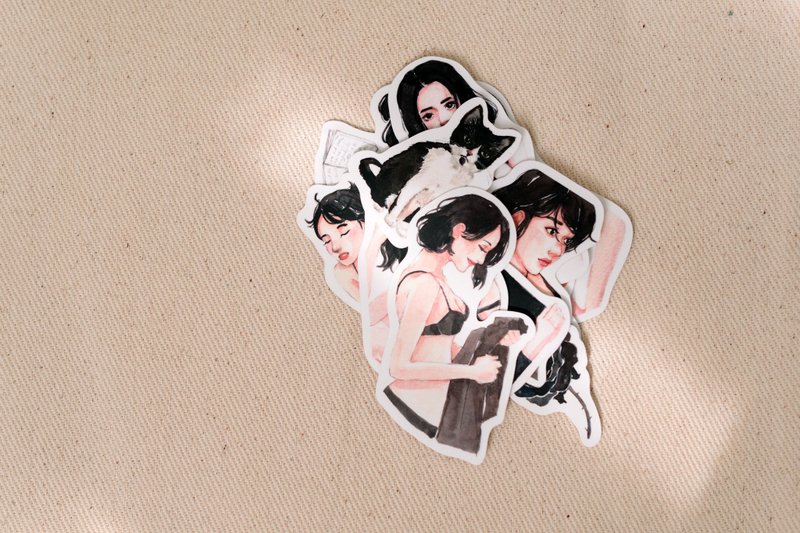Wear Black性感女人 水彩手绘  防水贴纸 15枚入 - 贴纸 - 纸 