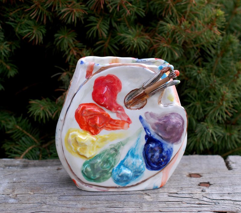 Artist's palette Ceramic Holder Small flat vase Decorative figurine - 花瓶/陶器 - 瓷 多色