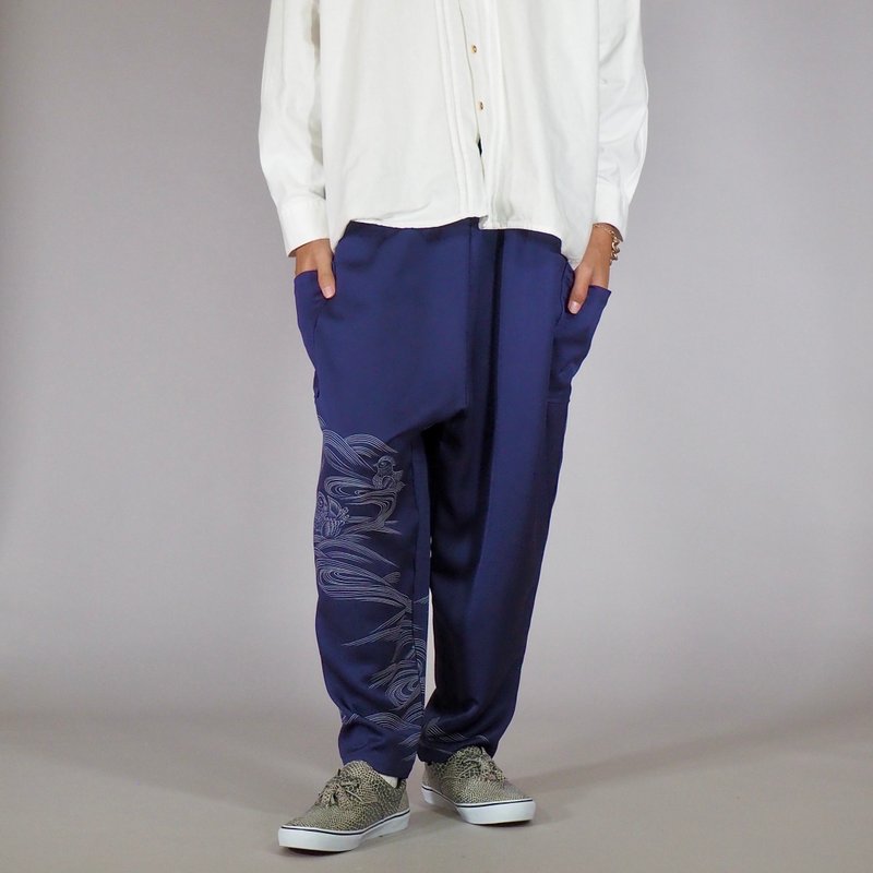 【日本制造】复古和服翻拍、诺拉裤、锥形阔腿裤、均码、宽松裤 - 男士长裤 - 丝．绢 蓝色