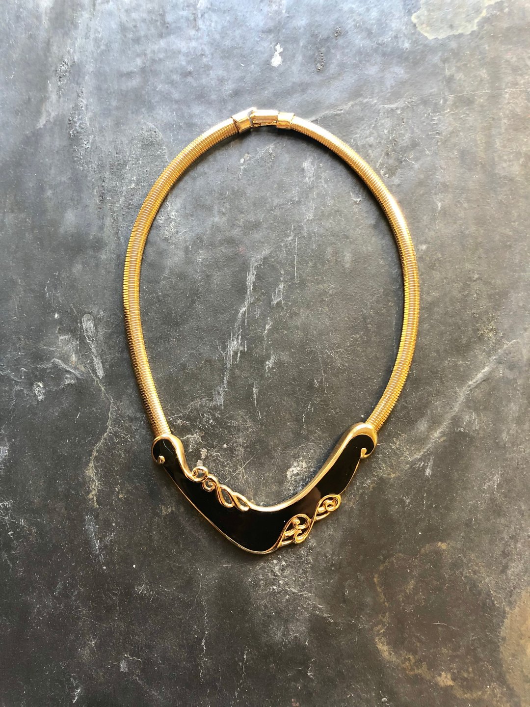 Vintage Abstract Black Enamel Snake Chain Necklace - 项链 - 贵金属 金色