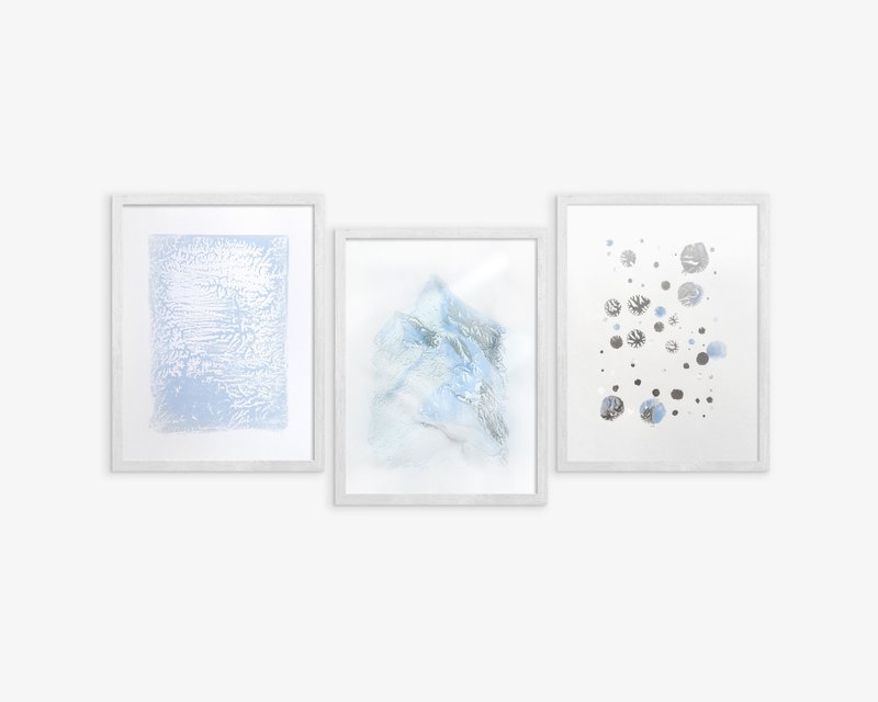 画廊墙 3 件套 Monotype 版画冬季墙艺术抽象山雪 - 海报/装饰画/版画 - 纸 蓝色