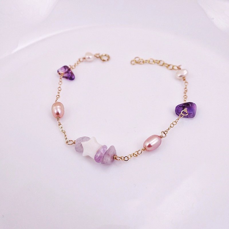 星形贝壳珠紫水晶*天然淡水珍珠14KGF包金手链/手链 - 手链/手环 - 宝石 紫色