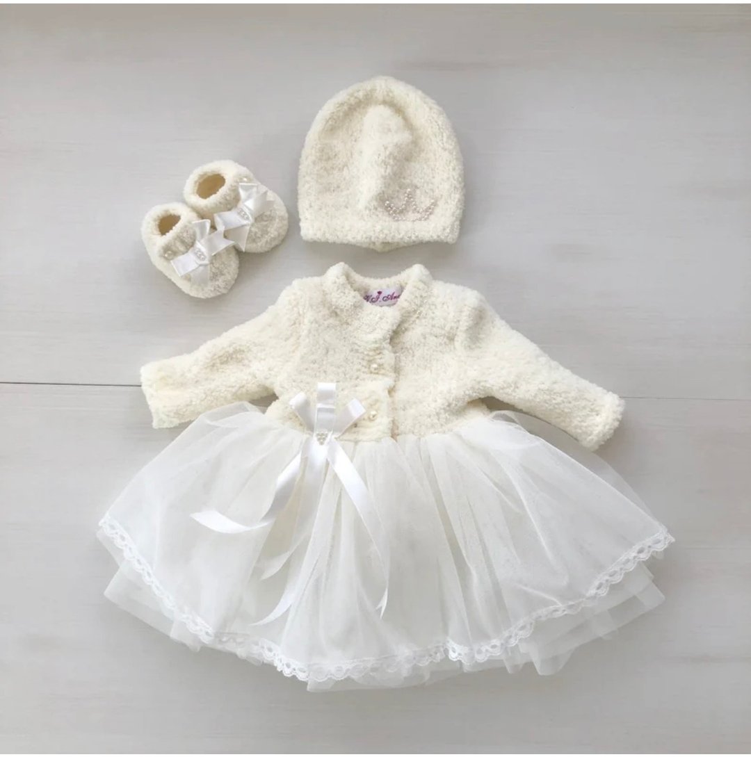 Hand knit ivory clothing set for baby girl. Dress, hat, booties. - 童装礼服/连衣裙 - 其他材质 
