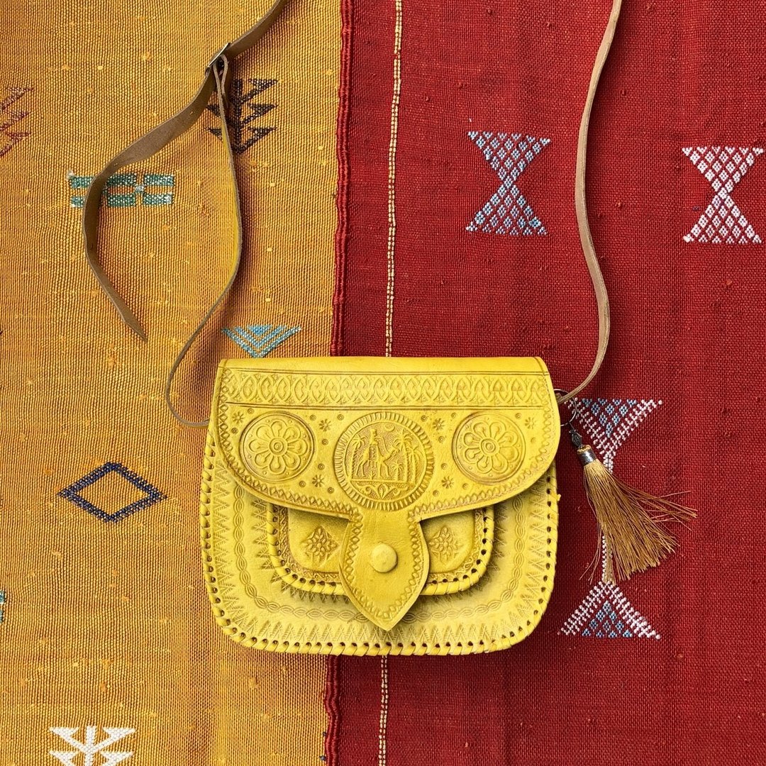 摩洛哥 手工 番红花 黄骆驼包 - 侧背包/斜挎包 - 真皮 黄色