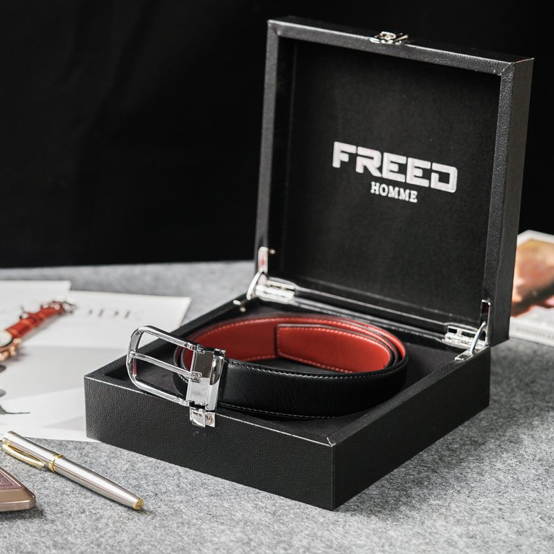 【FREED】时尚银色马蹄扣商务正式头层牛皮皮带 男生礼物 可定制 - 皮带/腰带 - 真皮 黑色