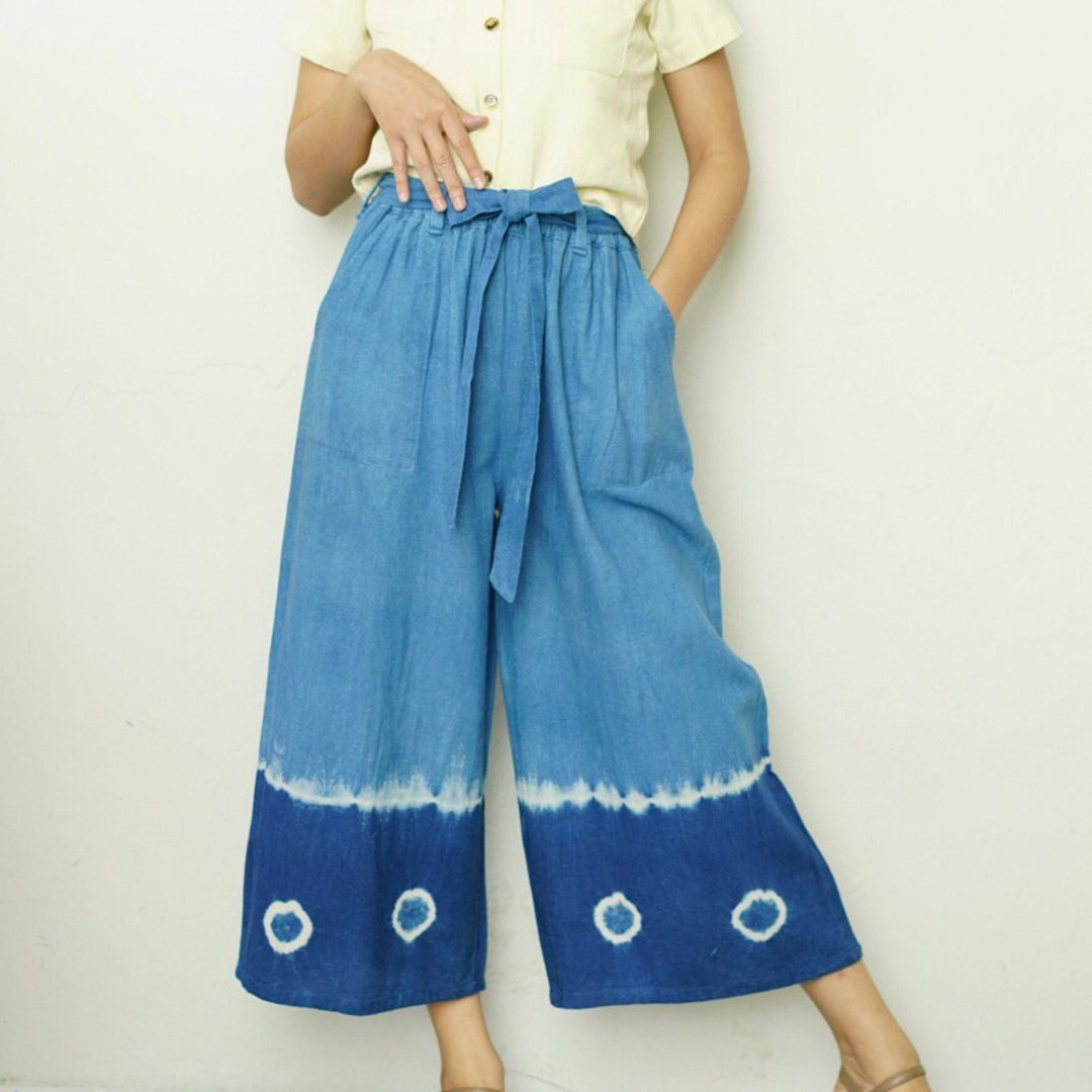 Tie Dye White Line Wide Leg Pants - 女装长裤 - 棉 蓝色