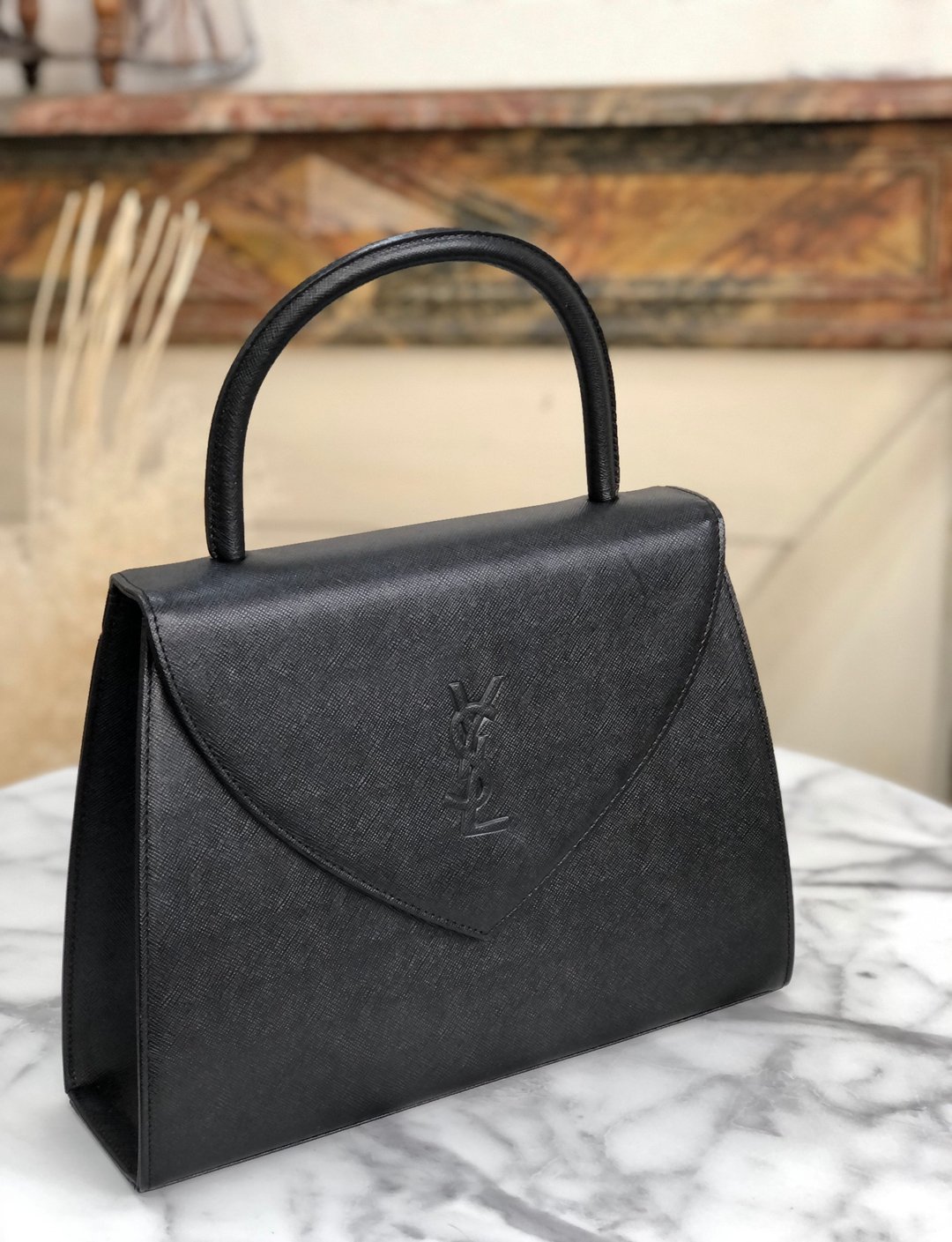 [ VintageShop solo ] Yves Saint Laurent YSL Embossed Top Handle Handbag Black kak3yr - 手提包/手提袋 - 真皮 黑色