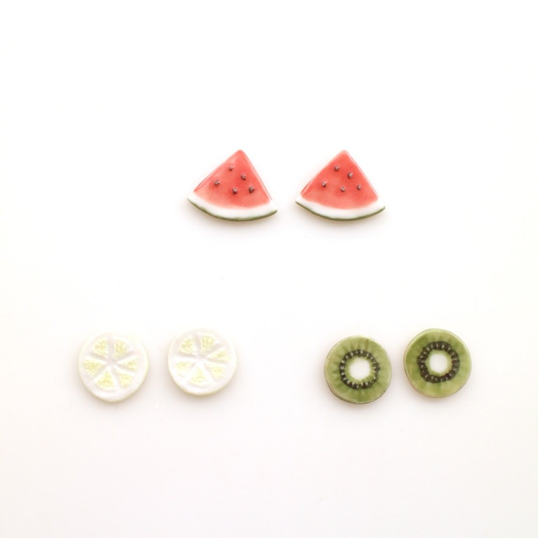 Cut fruit earrings - 耳环/耳夹 - 瓷 红色
