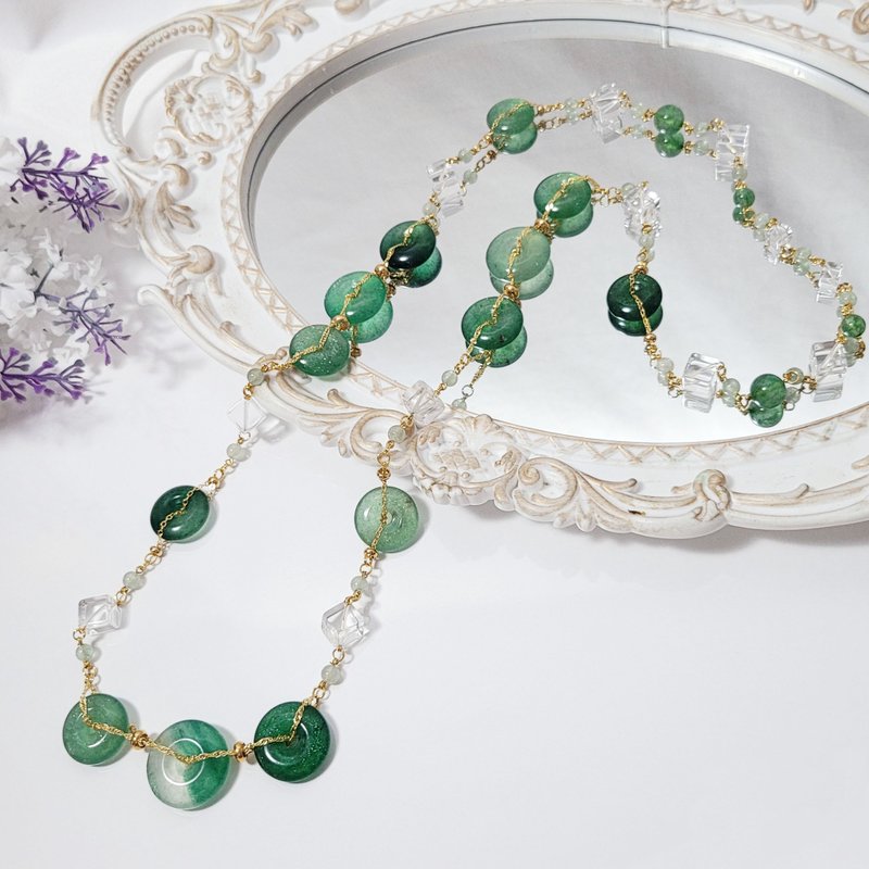 天然 绿草莓晶 古钱 白水晶 天圆地方 智慧 招财 长项链 单品 - 项链 - 宝石 绿色