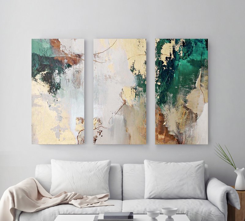 绿色抽象画 | 三联画抽象墙 | 绿色雪崩 2 三联画 - 墙贴/壁贴 - 棉．麻 绿色