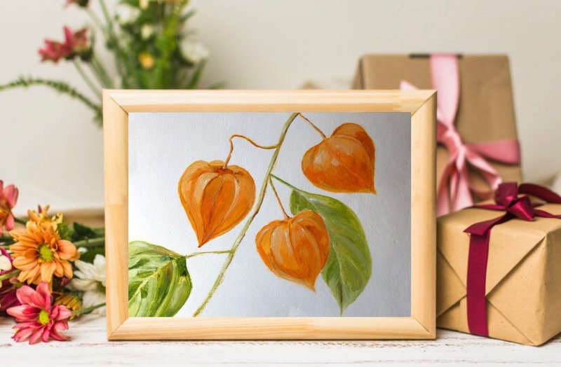 Physalis kitchen painting modern wall art 6x8 inches Original oil painting - 墙贴/壁贴 - 纸 橘色