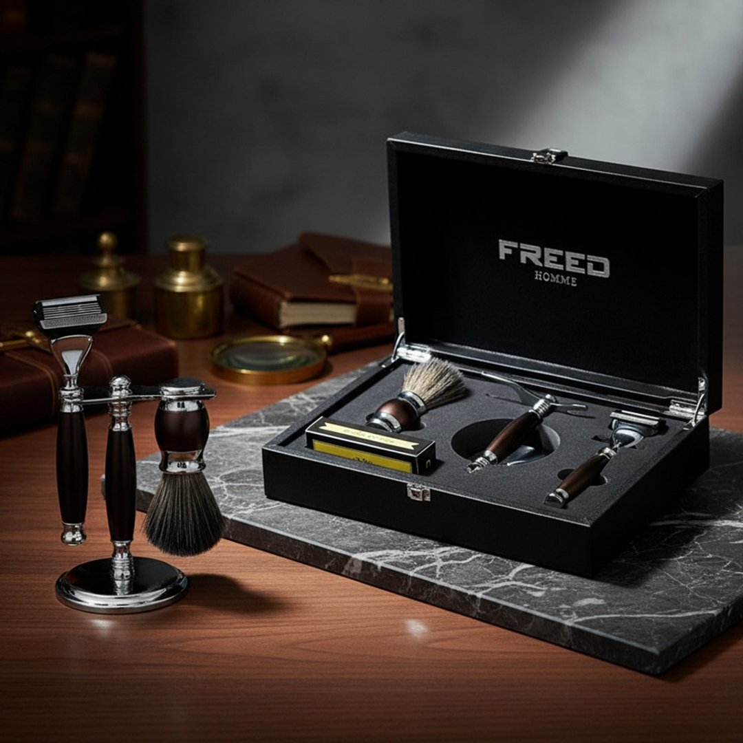 【FREED】五刀刮胡刀豪华礼盒 马鞍棕 定制化刻字 父亲节礼物 - 男性清洁护肤品 - 其他金属 咖啡色
