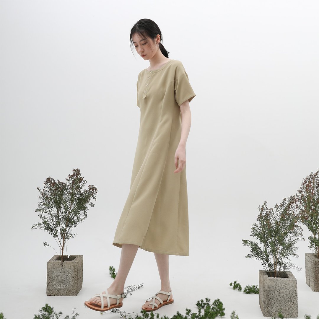 Qingri_晴日华夫格洋装_23SF107_草绿 - 洋装/连衣裙 - 聚酯纤维 绿色