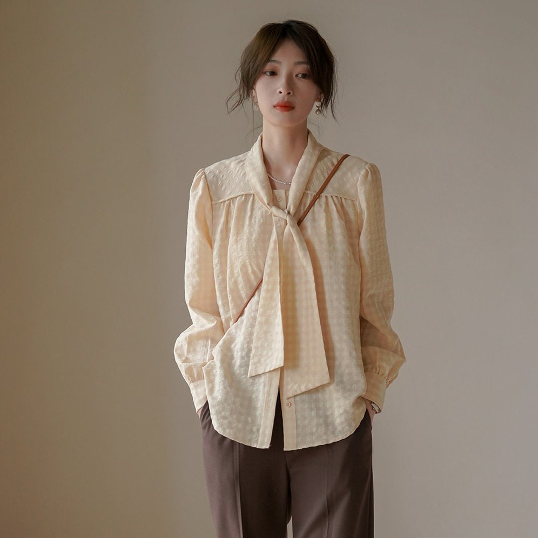 格纹泡泡纱飘带衬衫|衬衫|两色|秋款|Sora-1030 - 女装衬衫 - 棉 多色