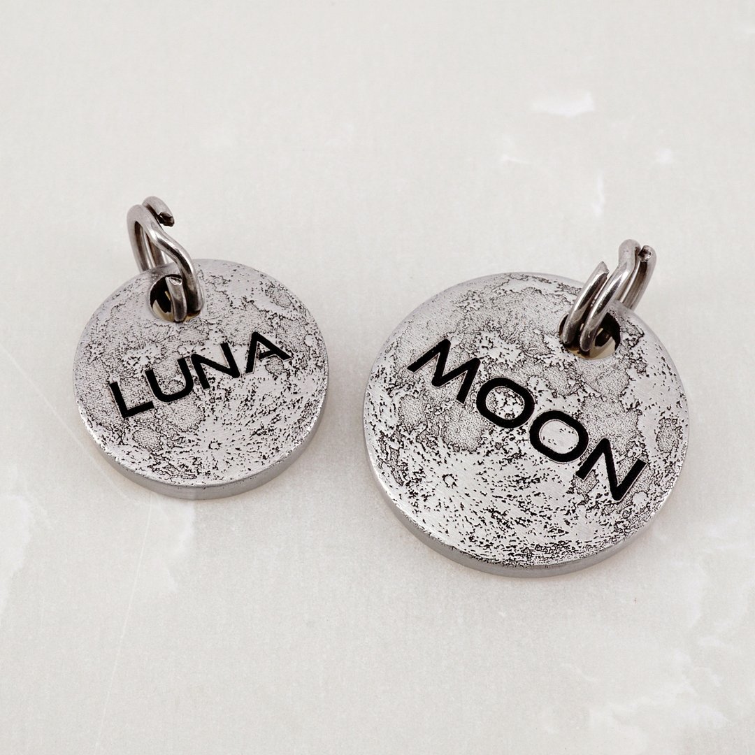 Moon Cat 标签 Tiny Moon 宠物 ID 标签 小猫和小狗标签 - 项圈/牵绳 - 不锈钢 银色