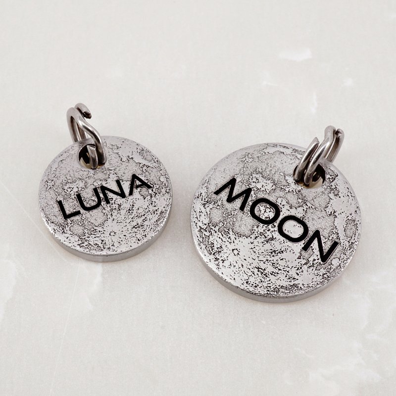 Moon Cat 标签 Tiny Moon 宠物 ID 标签 小猫和小狗标签 - 项圈/牵绳 - 不锈钢 银色