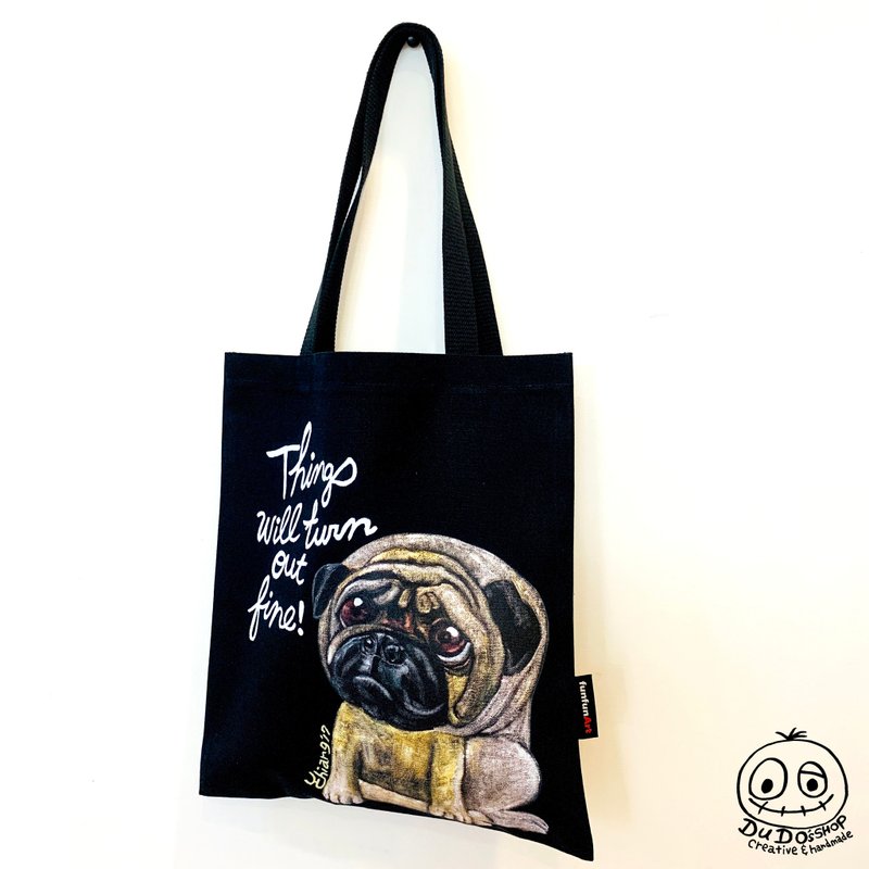 手绘插画 巴哥犬 帆布袋/环保袋/购物袋/手提袋/托特包/肩背包 - 手提包/手提袋 - 棉．麻 