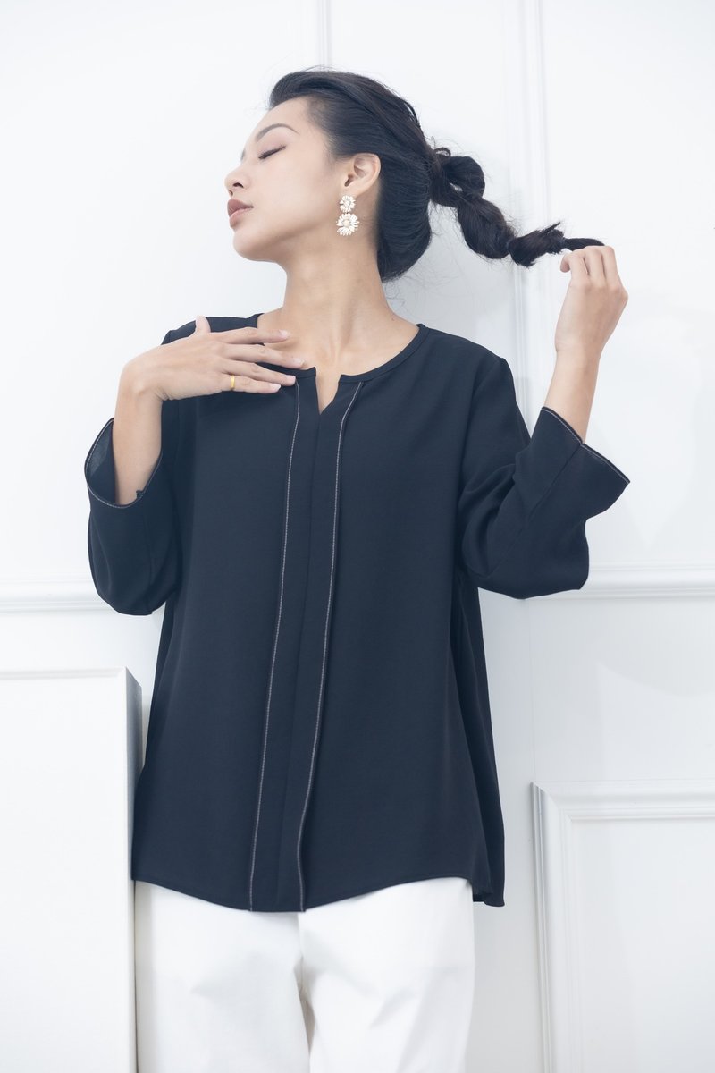 白车缝线襟片七分袖上衣 黑色 - 女装上衣 - 其他材质 黑色