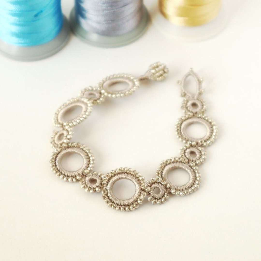 OYA crochet Bracelet【RING】Beige and Silver - 手链/手环 - 绣线 咖啡色