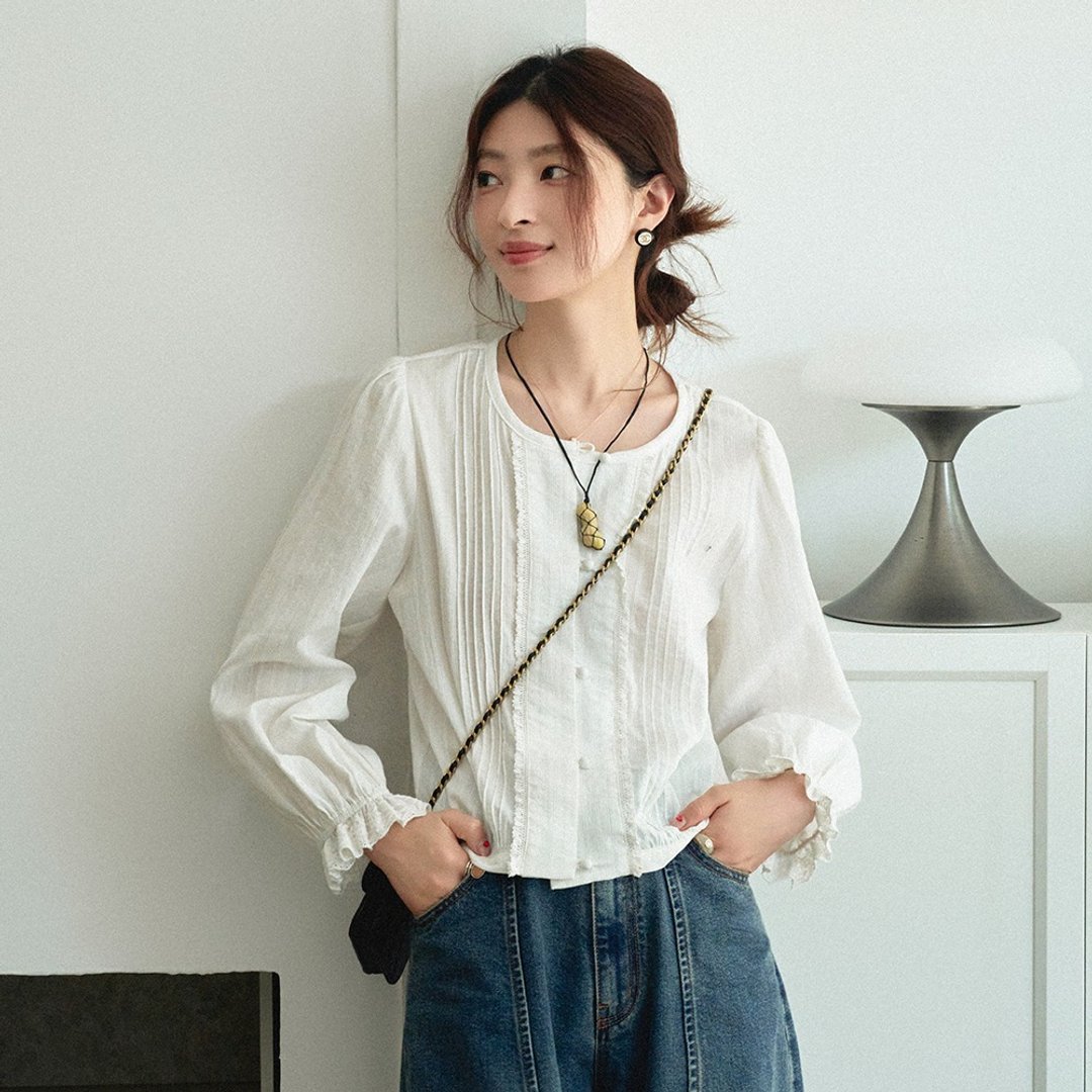 白色木耳边蕾丝衬衫|衬衫|夏秋款|Sora-1580 - 女装衬衫 - 棉 白色