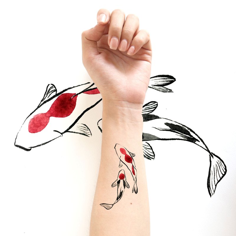 Koi fish sticker tattoos. Hand drawing and painting style. - 纹身贴 - 纸 红色