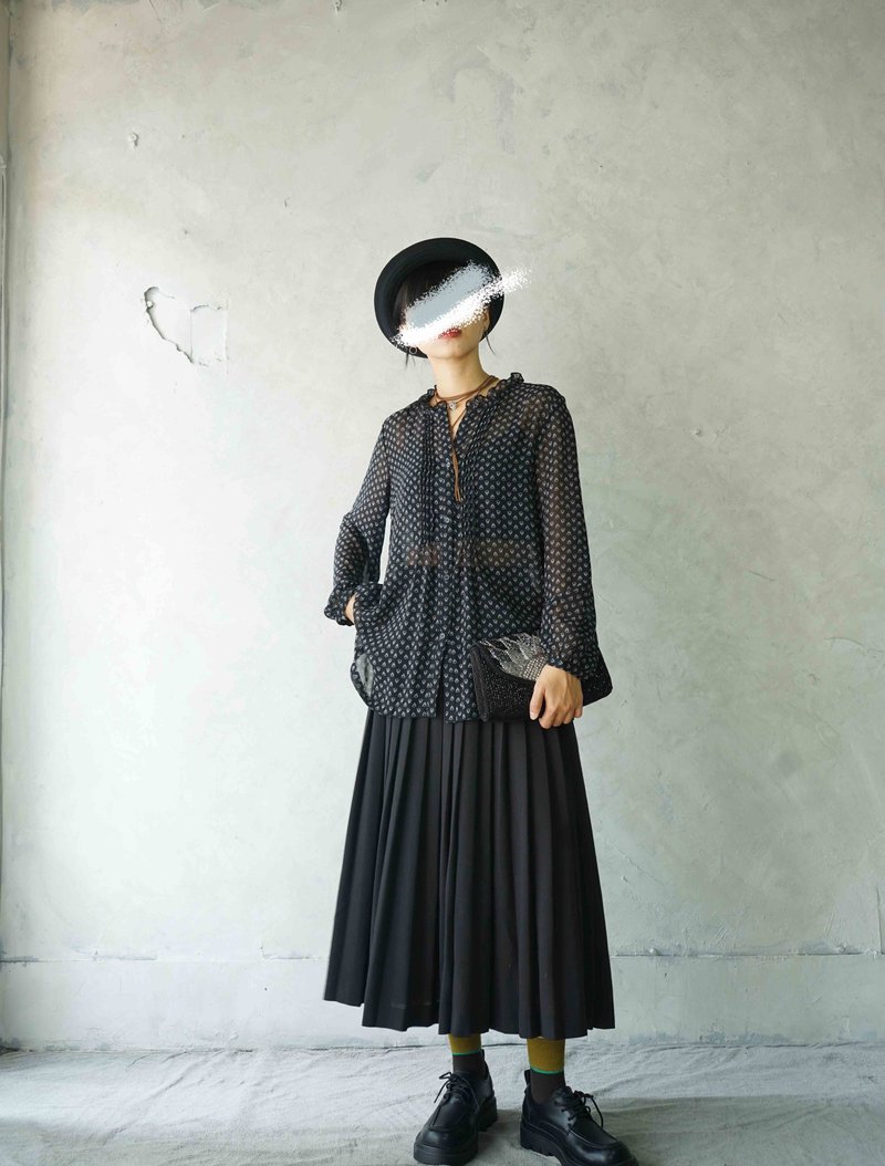 寻宝古着-嬉皮风黑色印花长版透肤雪纺滚边领衬衫 - 女装衬衫 - 聚酯纤维 黑色