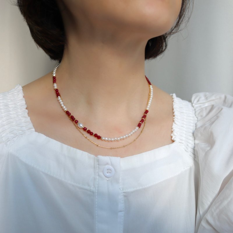 珍珠与红榴 珍珠项链 天然淡水珍珠 颈链 赠送叠戴钛钢项链 - 项链 - 珍珠 