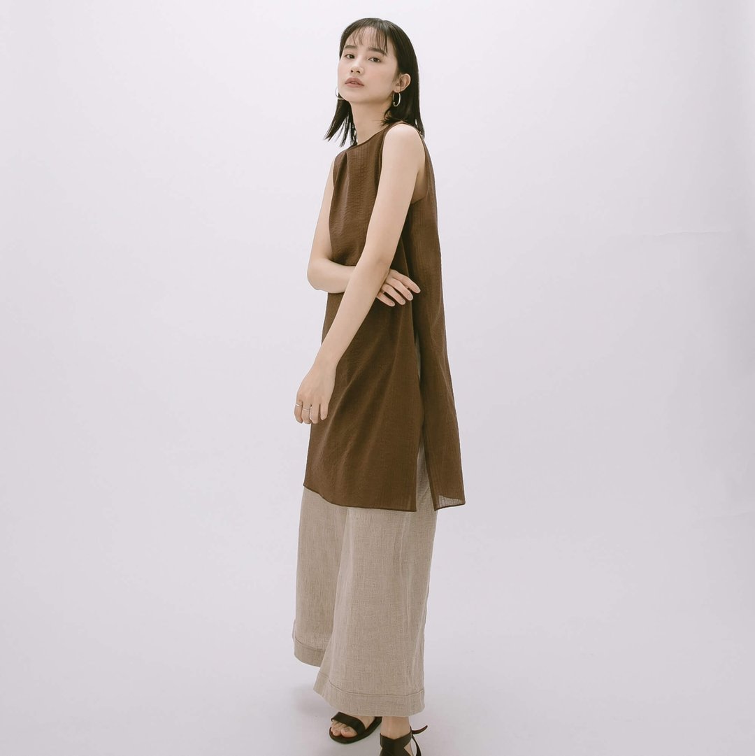 长版开衩背心 - 古铜 - 女装背心 - 棉 咖啡色