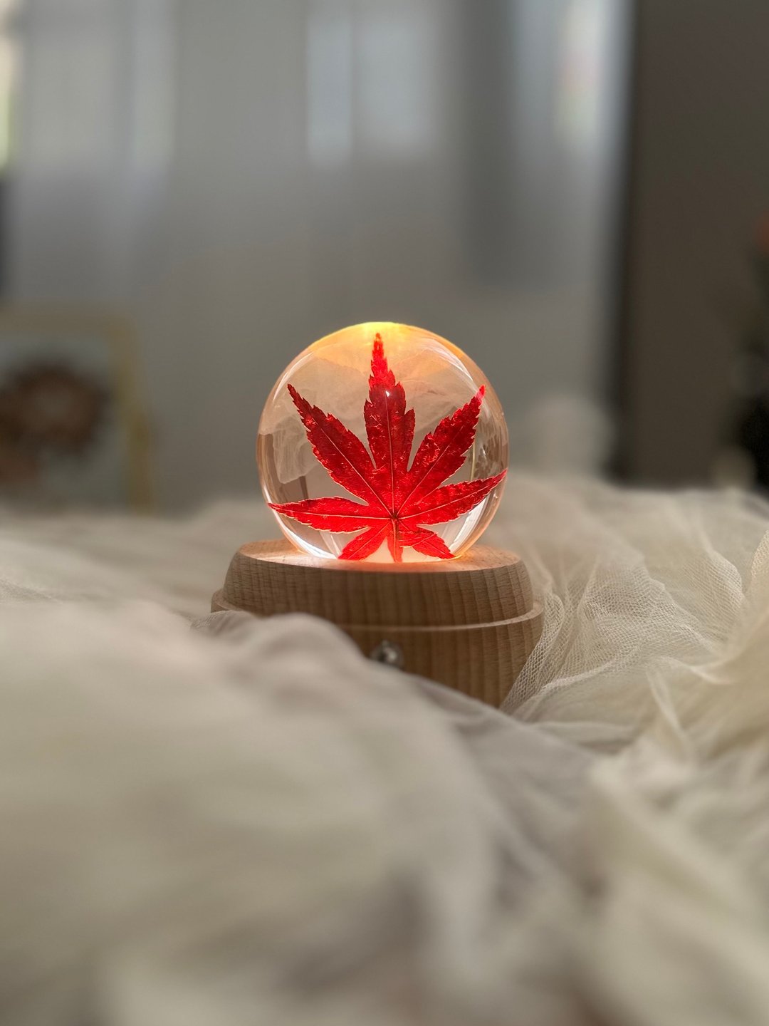 红枫曳光 l 植物标本水晶球夜灯八音盒摆件 周年礼物 - 灯具/灯饰 - 树脂 红色