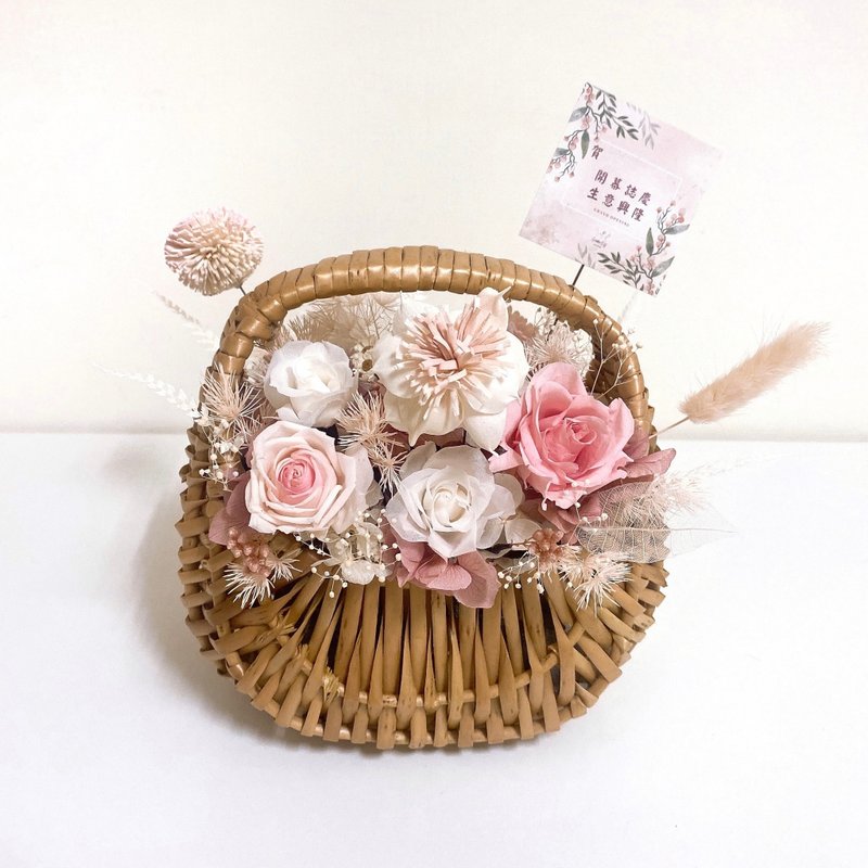 月牙造型永生花提篮 干燥花祝贺桌花 - 干燥花/捧花 - 植物．花 粉红色