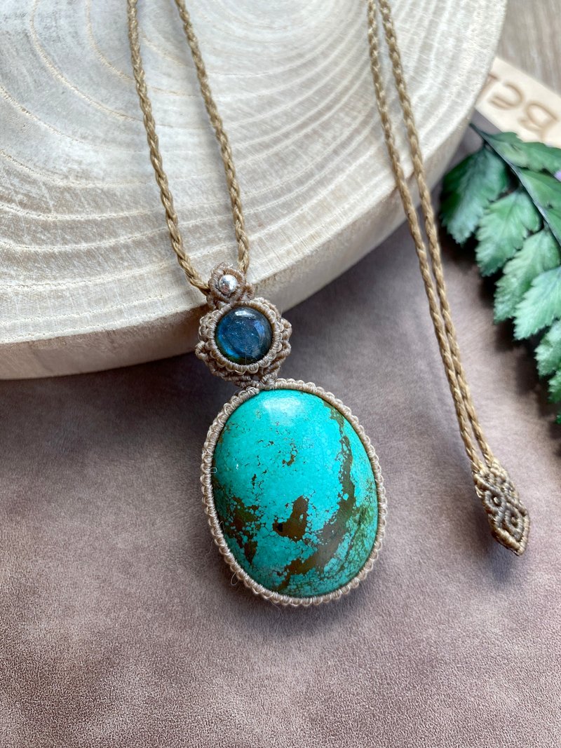 P204 波希米亚风 南美蜡线编织 松石 拉长石 银珠 项链 - 项链 - 宝石 咖啡色