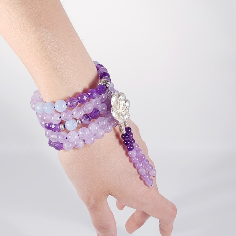 薰衣草紫水晶 蓝纹玛瑙 静心 108手串 念珠 8mm 定制 单品 礼物 - 手链/手环 - 宝石 紫色
