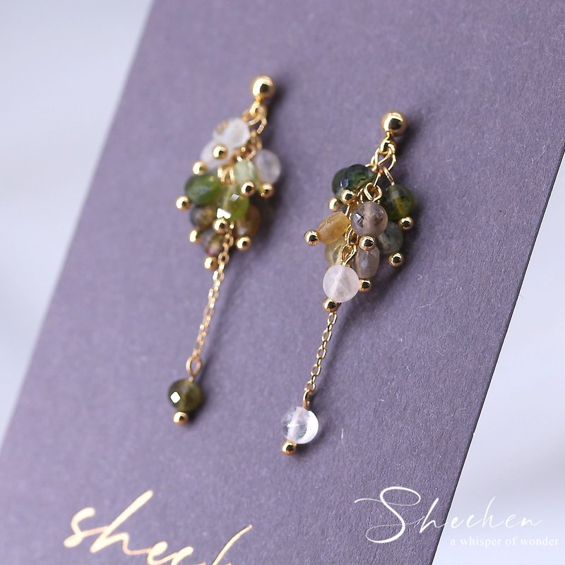 天然绿色系碧玺 不对称耳针 电气石 绿色系糖果碧玺 天然石耳坠 - 耳环/耳夹 - 宝石 绿色