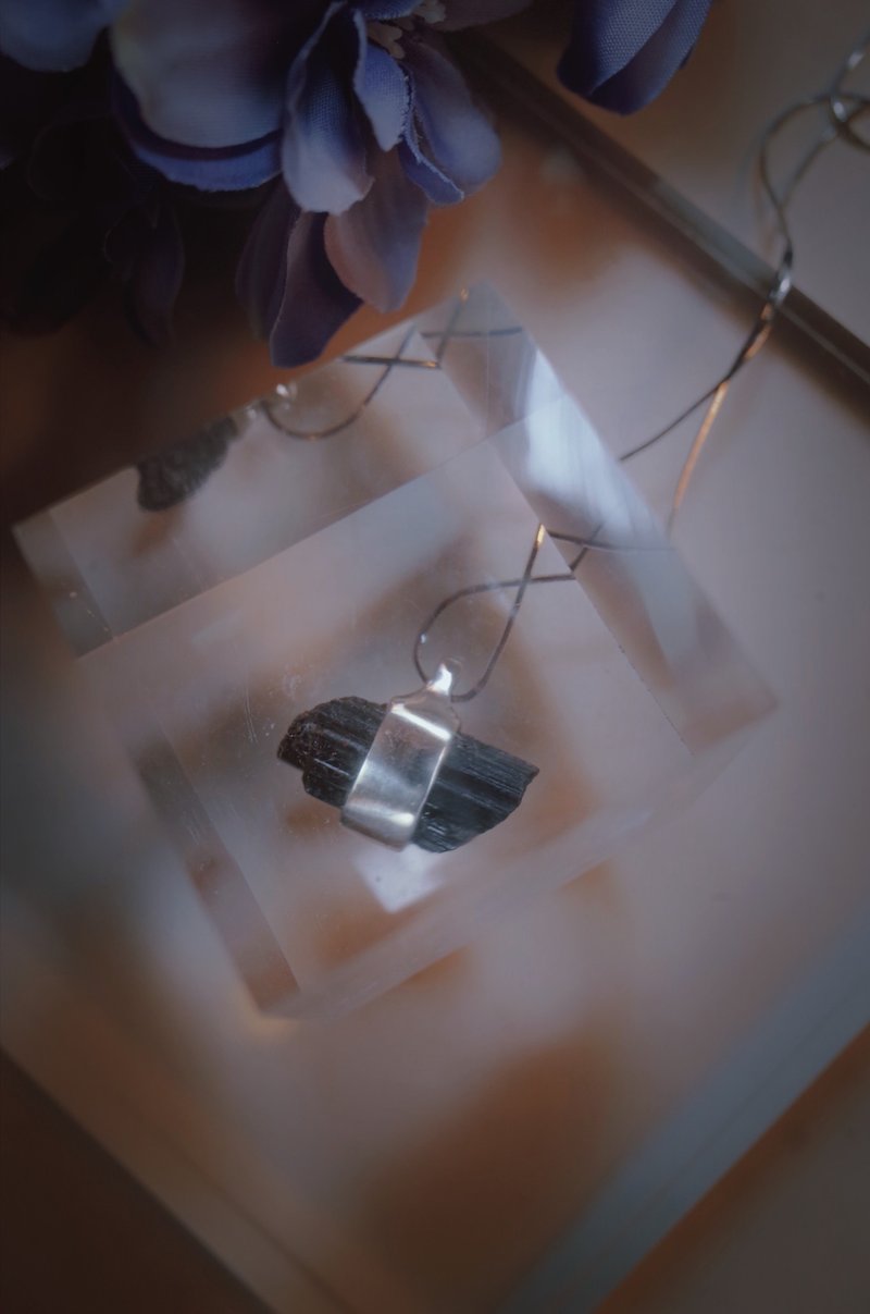 黑碧玺/925银/蛇链项链 - 项链 - 银 银色