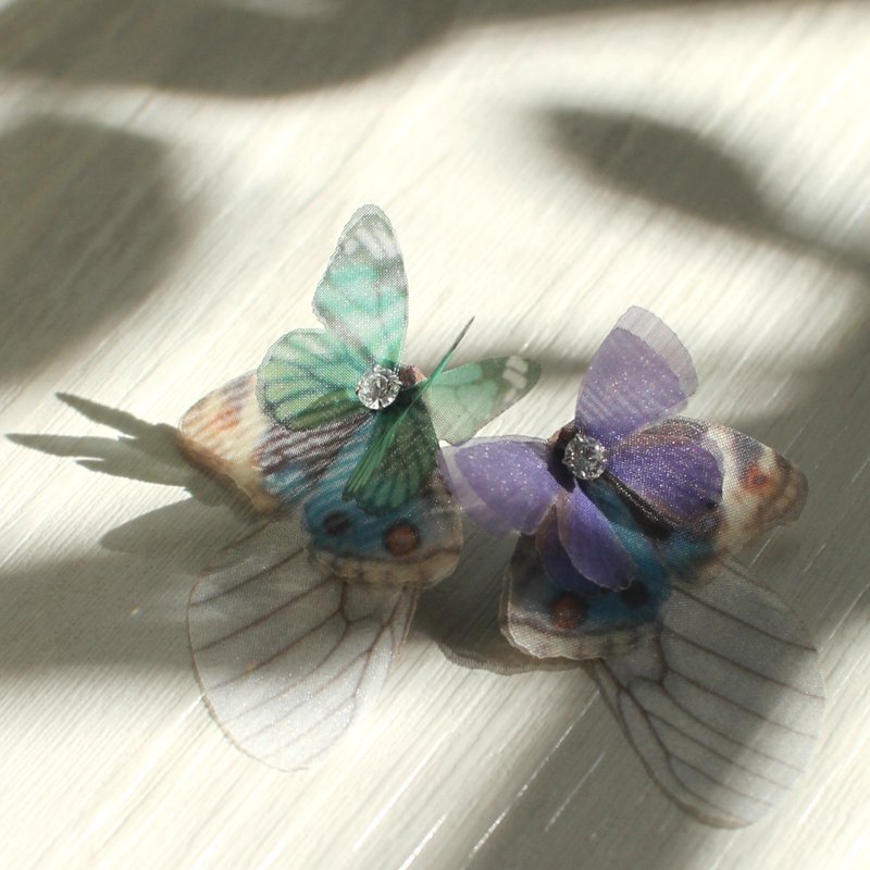 不对称蝴蝶耳环一对&水钻925银耳针 pierced or clip-on earring - 耳环/耳夹 - 丝．绢 蓝色
