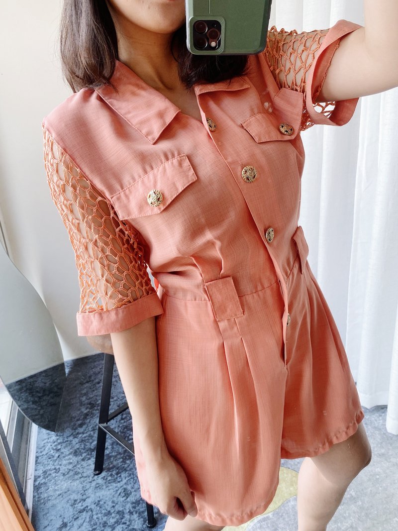 嫩橙橘蕾丝篓空袖浪漫女孩 古着纺纱连身裤吊带裤 overalls - 背带裤/连体裤 - 聚酯纤维 橘色