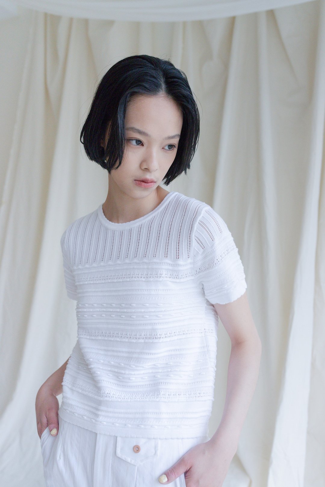 Edith Knit Tee 蕾丝织勾洞针织棉T - 女装 T 恤 - 其他人造纤维 白色