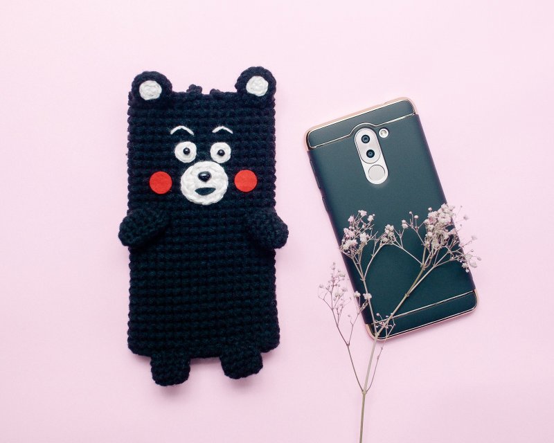 OOAK Gifts - Cellphone Case the Kumamon/ Crochet case/ Cozy case/ iPhone case. - 手机壳/手机套 - 棉．麻 黑色