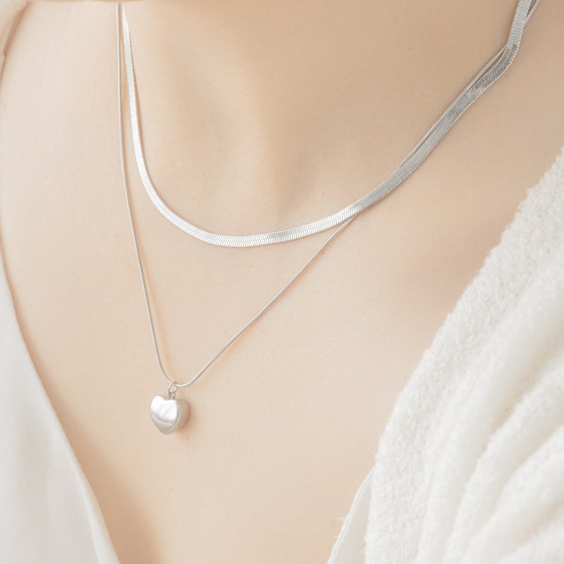 【定制化刻字】蛇链爱心吊坠组合 - 项链 - 不锈钢 银色