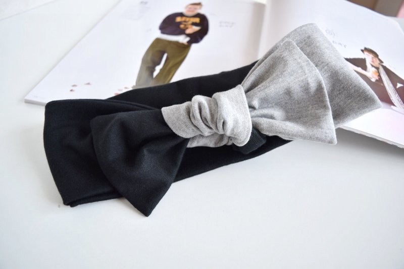 ribbon hair band  Tshirt Black × gray - 发带/发箍 - 棉．麻 灰色