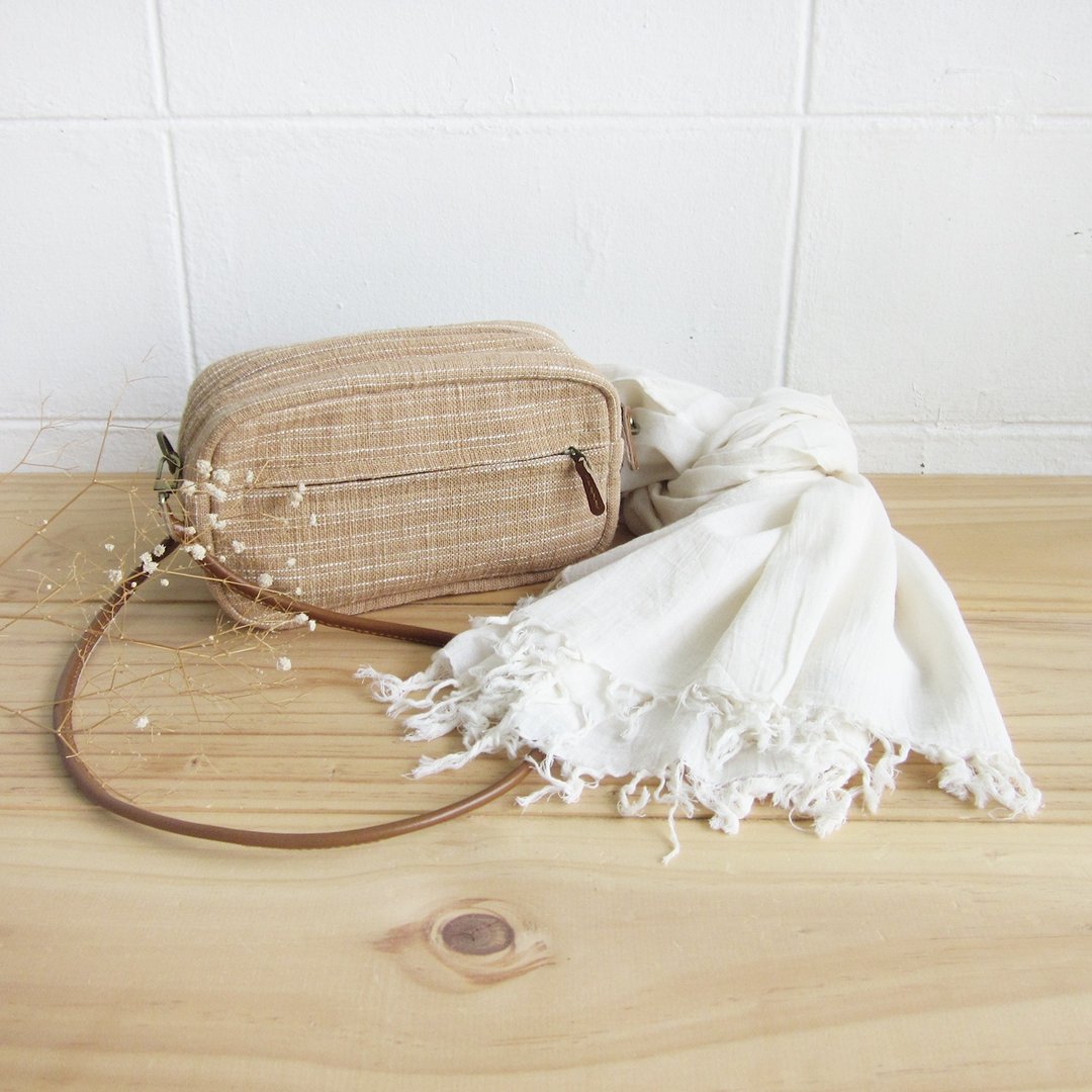 Goody Bag / Cross-body Little Tan Width Bags  with Thai Saloo Cotton Scarf. - 侧背包/斜挎包 - 棉 咖啡色