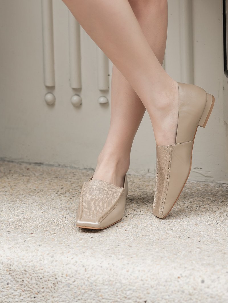 树皮状蜥蜴纹-方头穆勒鞋-香槟色 - 女款牛津鞋/乐福鞋 - 真皮 金色