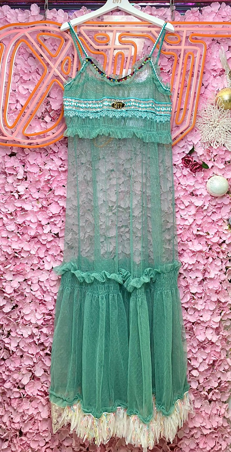 OTT独一无二•Unique日系湖水绿彩色珠刺绣透视网布连衣裙 - 洋装/连衣裙 - 棉．麻 绿色